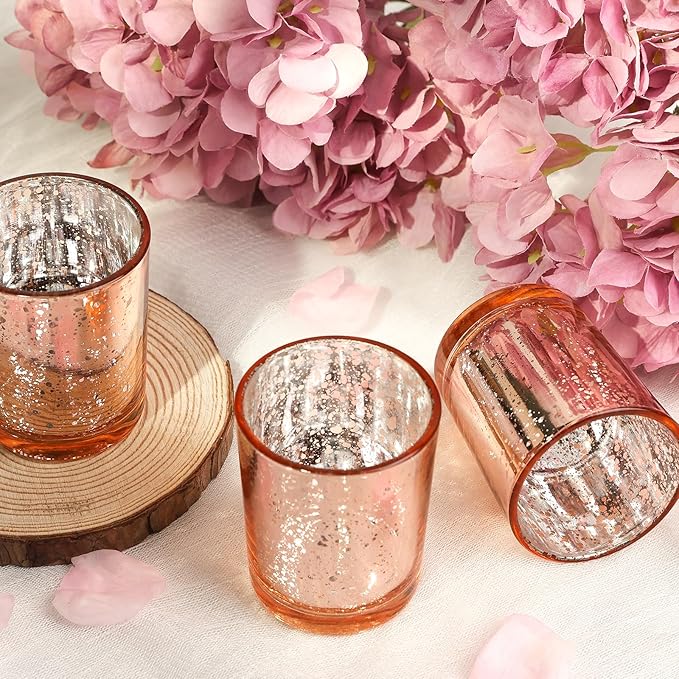 24 Pcs Rose Gold Votive Candle Holders, Speckled Mercury Rose Gold Glass Candle Holder Bulk for Wedding Centerpiece Table Decor, Tea Lights Candle Holder for Valentines Day Decor, Home Decor