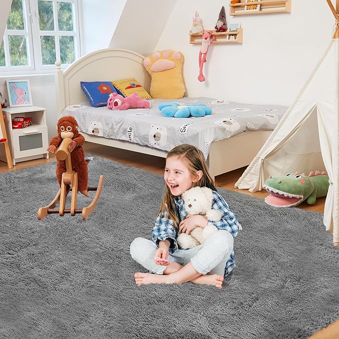 Ultra Soft Rug for Living Room, 9X12 Fluffy Shag Area Rug for Bedroom, Modern Shaggy Carpets Fuzzy Rug for Teens Dorm Nursery Home Decor Aesthetic, Upgrade Anti-Skid Durable, Grey