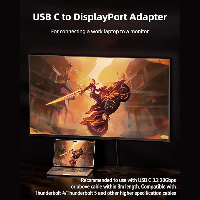 USB C to DisplayPort Adapter with USB C Video Cable, 8K@60Hz Uni-Directional USB C Female to DP Male Adapter, Thunderbolt 4/3 to DP Converter Compatible with i-/Phone 17, Galaxy, MacBok Pro- 1 Pack