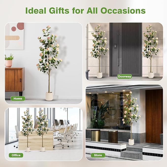 6FT Artificial Camellia Tree with White Planter & Pebbles,Faux Flower Tree with Lifelike Leaves and Realistic Trunk,Tall Fake Potted Plant for Home Décor Indoor Outdoor. (White, 6FT)