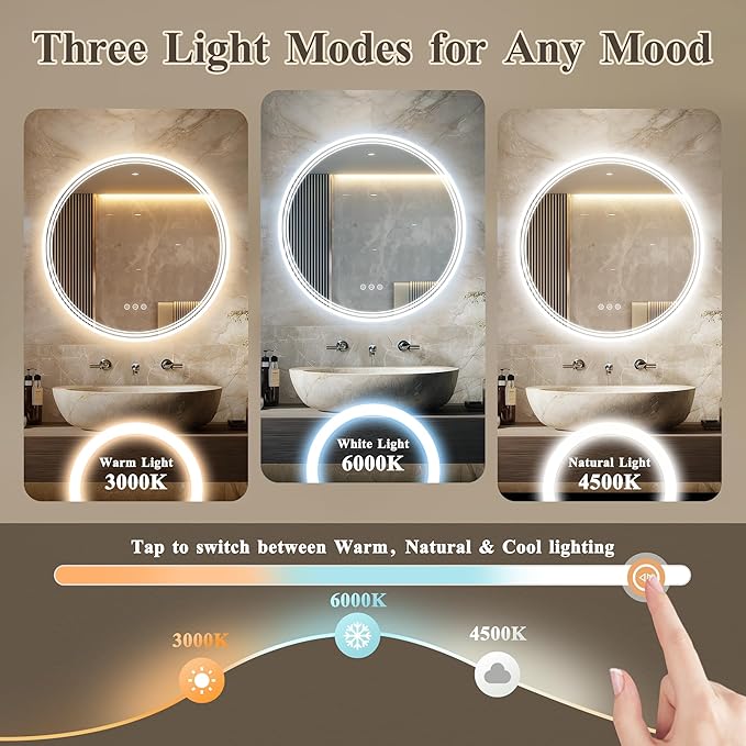 30''x30'' Lighted Mirrors for Bathroom Wall Backlit + Front Lit, Round LED Bathroom Mirror Frameless with Lights Anti Fog, Dimmable, 3 Colors,Tempered Glass, Shatter-Proof