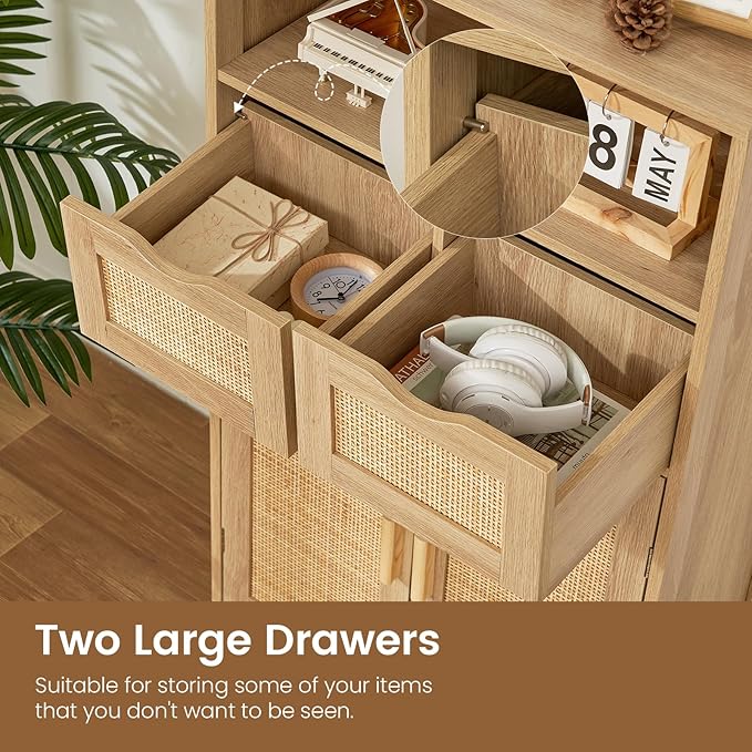 Iwell Storage Cabinet with 2 Drawers & Adjustable Shelves, Rattan Cabinet, Kitchen Pantry Cabinets, Cupboard for Living Room, Kitchen, Home Office, Natural