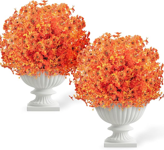 2 Pack 24" Artificial Fall Flowers Boxwood Topiary Ball Trees w/Ground Spike, UV Resistant Autumn Faux Orange Shrubs Bushes Boxwood Plant for Front Door Porch Patio Balcony Garden Yard Outdoor Decor