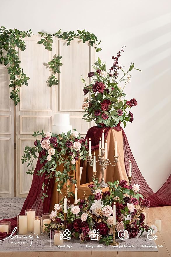 Ling's moment 2PCS Artificial Floral Swags Centerpieces Burgundy Wedding Flower Greenery Arrangements for Sweetheart/Head Table Decor Wedding Car Wall Window Arch Home Garden Decor Blush Marsala