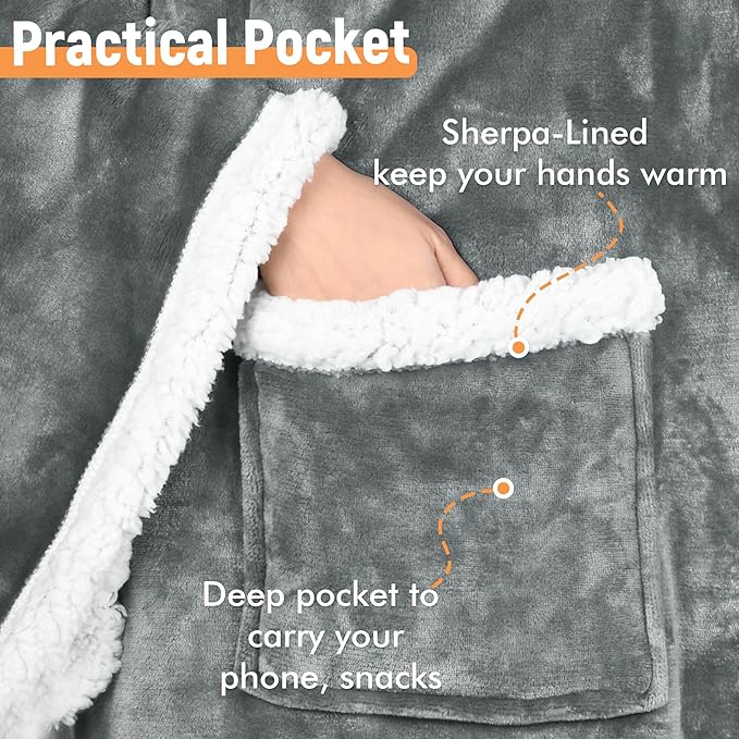 Catalonia Sherpa Wearable Blanket with Sleeves & Foot Pockets for Adult Women Men, Comfy Snuggly Wrap Sleeved Throw Blanket Robe, Gift Idea, Grey