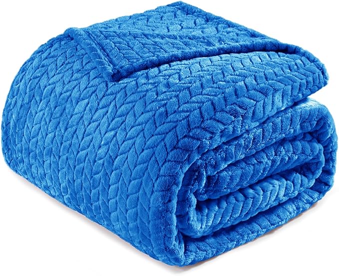 Exclusivo Mezcla Fleece Queen Size Blanket for Bed, 90x90 Inches Soft Cozy Jacquard Flannel Blankets, Lightweight Fuzzy Plush Warm for Winter, Cobalt Blue