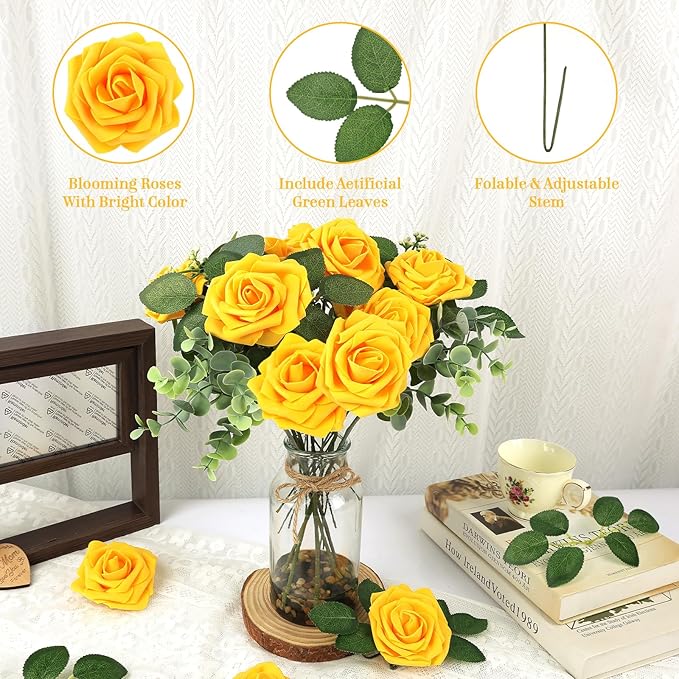 MACTING Artificial Yellow Flowers 30PCS Real Touch Fake Rose Flowers Soft Foam Roses with Stem for Floral Arrangement DIY Table Centerpieces Wedding Bouquet Party Holiday Home Fall Decorations