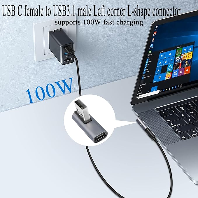 QIANRENON 90° Angle USB C to USB Adapter 10Gbps USB 3.1 Male to USB C Female Left Angle L-Shape Connector,Al Alloy Support 100W Charging, for PC Laptop Tablet, 2Pcs (Left Angle Vertical Bend)