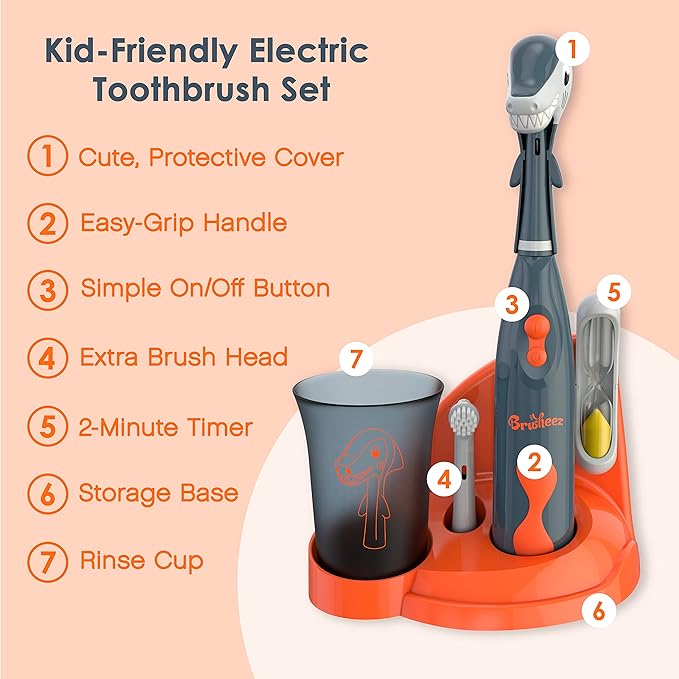 Brusheez Kids’ Electric Toothbrush Set - Safe & Effective for Ages 3+ - Parent Tested & Approved with Gentle Bristles, 2 Brush Heads, Rinse Cup, 2-Minute Timer, & Storage Base (Shadow The Shark)