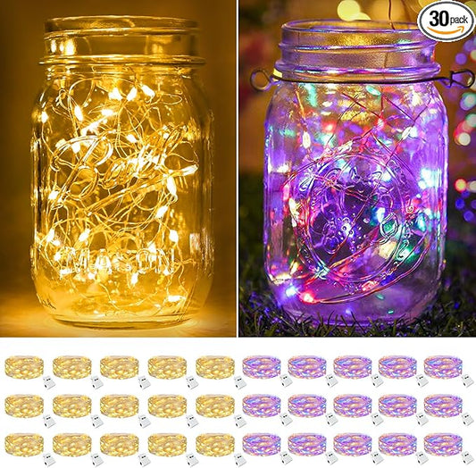 btfarm 30 Pack Fairy Lights Battery Operated [3 Modes], 7ft 20 Led Twinkle String Lights Waterproof Bulk Small Mini Sliver Wire for Christmas Mason Jars Wedding Table Centerpiece, Warm White/Colorful