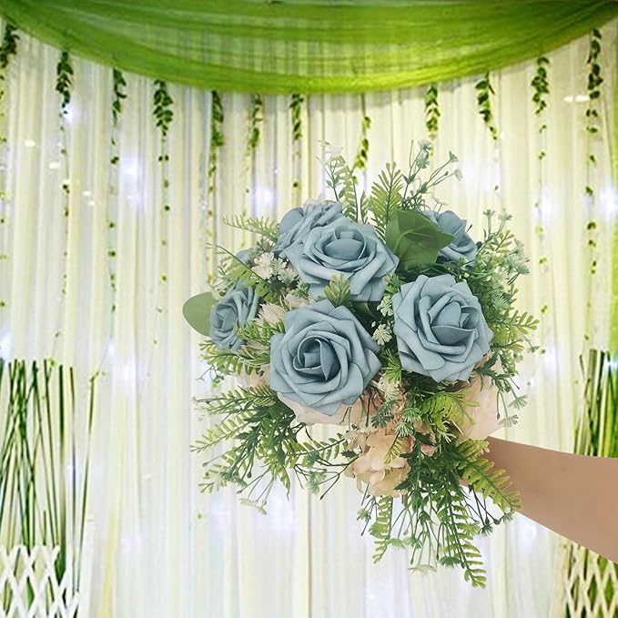 Artificial Rose Flowers 25pcs, Dusty Sea Blue Foam Fake Rose Faux Flower for Wedding Bouquets Bridal Shower Centerpieces Floral Arrangements Home Decorations Party Backdrops Table