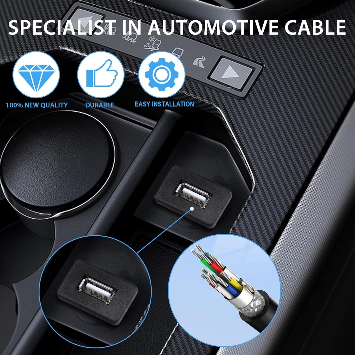 YACSEJAO USB Square Flush Mount Cable, USB 2.0 Single Port Dashboard Panel Extension for Car, 1m