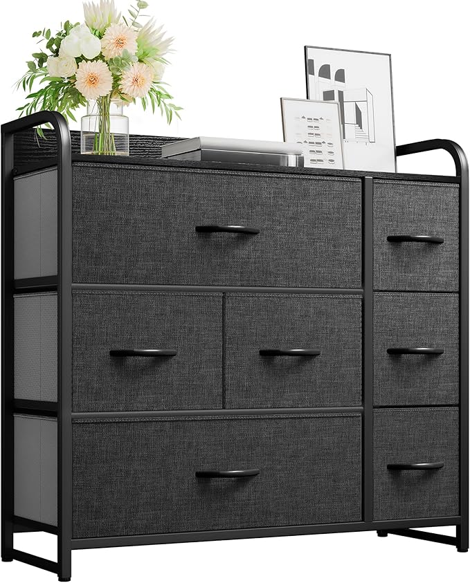 YITAHOME Fabric Dresser with 7 Drawers - Storage Tower with Large Capacity, Organizer Unit for Living Room - Sturdy Steel Frame, Easy Pull Fabric Bins & Wooden Top (Black/Grey)