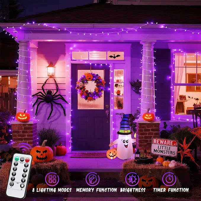 JMEXSUSS 33ft 100 LED Purple Lights for Halloween Decorations, Purple Battery Operated Lights with Remote Indoor Outdoor, String Lights for Halloween Christmas Decor
