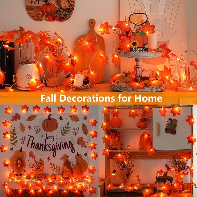 YEGUO 4 Packs Thanksgiving Decorations for Home, Fall Lights Battery Operated, Total 40ft 80 LED Lighted Fall Garland Maple Leaves for Thanksgiving Decor