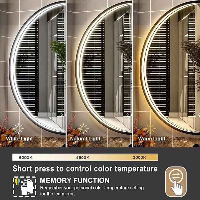 28 Inch LED Round Mirror for Bathroom, Black Metal Framed LED Bathroom Mirror with Lights, 3 Colors and Stepless Dimmable Wall Mounted Lighted Bathroom Vanity Mirror, Anti-Fog, Memory