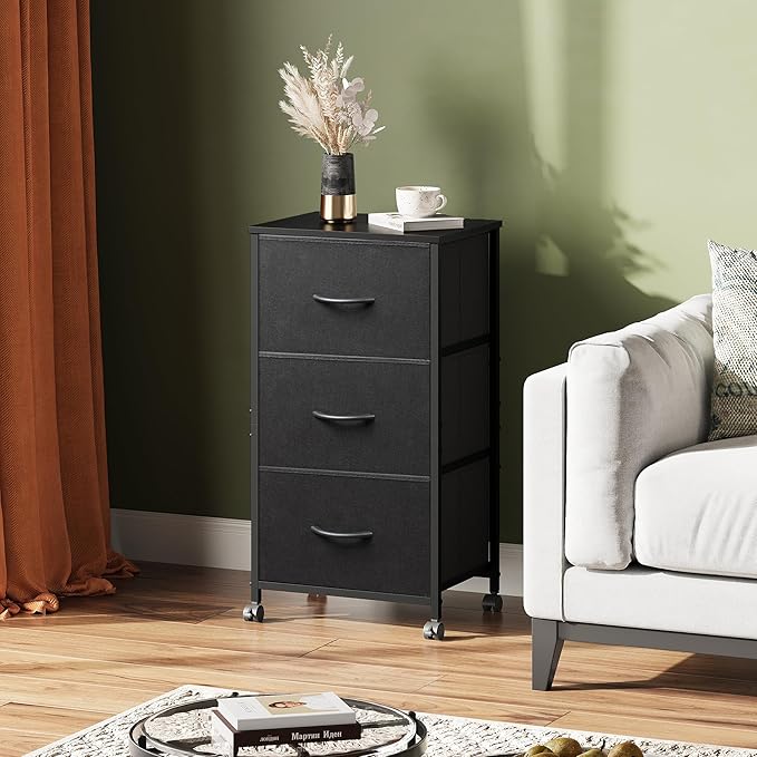 WLIVE Dresser with 3 Drawers, Fabric Nightstand, Cabinet with Wheels, Organizer Storage Dresser for Bedroom, Office, Closets, Black Dresser with Sturdy Steel Frame, Easy Pull Handle