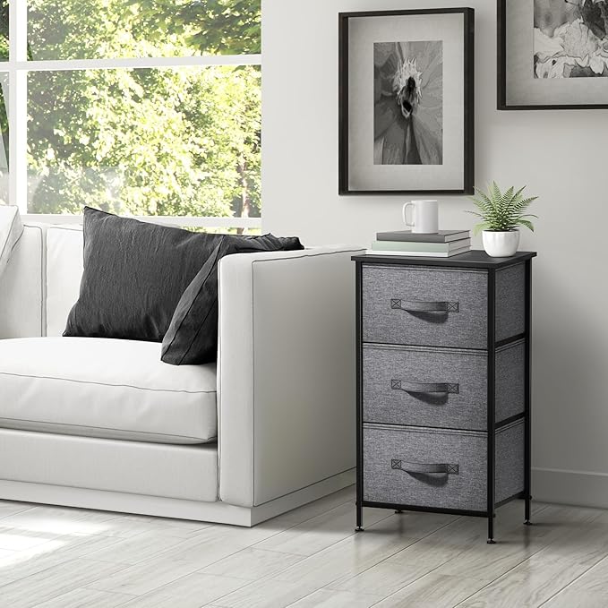 Sorbus Nightstand with 3 Drawers - Bedside Furniture & Night Stand End Table Dresser with Steel Frame, Wood Top, Easy Pull Fabric Bins for Home, Bedroom Accessories, Office & Dorm