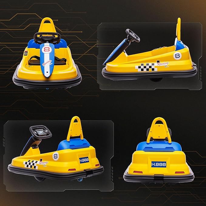 Aosom Toddler Bumper Car, 360° Rotation 6V Kids Electric Ride on Bumper Car with EVA Bumper Edges, Twins Motor, Songs, Horn, LED Lights, Safety Belt for 18-48 Months, Yellow