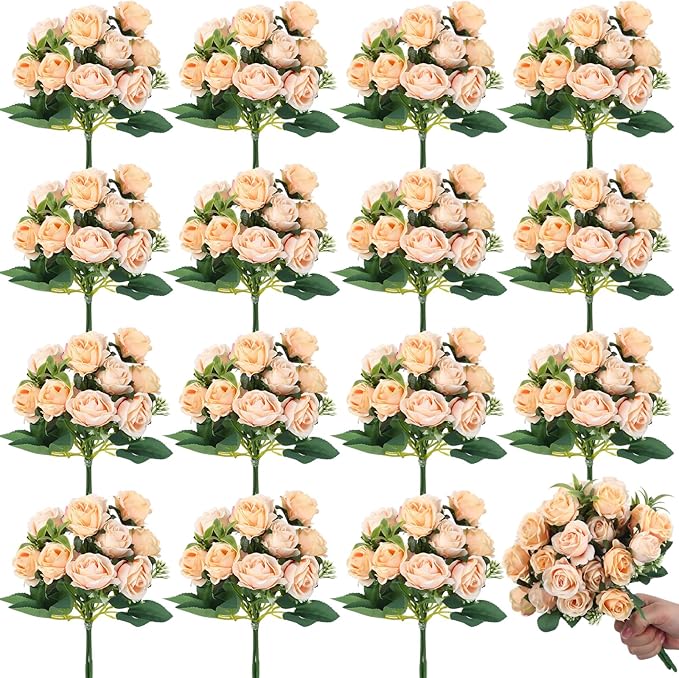 Zeyune 16 Bunches 12 Inch Artificial Mini Rose Bouquet 160 Heads Bridal Flower Bouquets Fake Silk Rose Bulk for Wedding Bridal Shower Christmas Home Office Garden Decoration(Champagne)