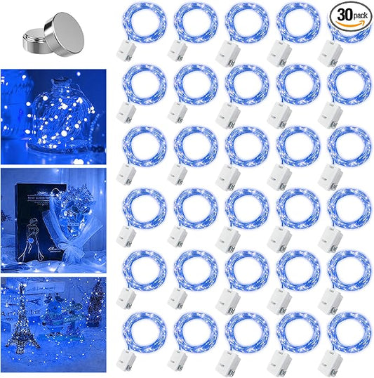 30 Pack Fairy Lights Battery Operated - 3 Speed Modes, 7Ft 20 LED String Twinkle Lights, Waterproof Copper Wire, Mini Firefly Light for Mason Jars Vases Christmas Decor, Blue