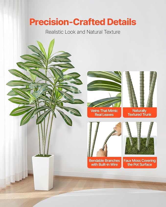 VEVOR Artificial Dracaena Tree 6 ft, Fake Palm Tropical Plants with White Tall Planter, Faux Floor Silk Plant in Pot, Large Trees for Home Office Living Room Decor House Warming, Indoor Outdoor