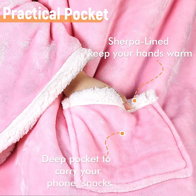 Catalonia Sherpa Wearable Blanket with Sleeves & Foot Pockets for Adult Women Men, Comfy Snuggly Wrap Sleeved Throw Blanket Robe, Gift Idea, Pink