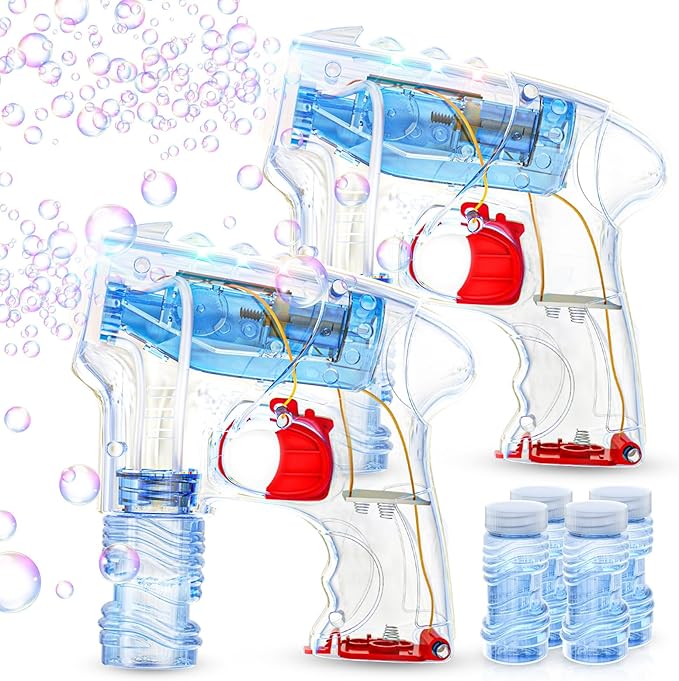 Kid Odyssey 2 Pack Bubble Gun with 4 Refill Solution and 3 Colorful LED Light, Bubble Machine for Kids, Bubble Maker for Party Favors, Birthday Gift, Indoor Outdoor Toys for Toddlers
