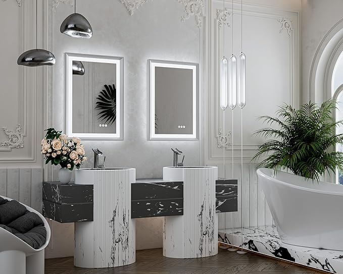 TETOTE Bathroom Mirror with Lights 20x28 Brushed Nickel LED Mirror Silver Frame Frontlit & Backlit Lighted Vanity Mirror Baroque Anti Fog Dimmable White/Warm/Natural,Wall Mounted(Horizontal/Vertical)