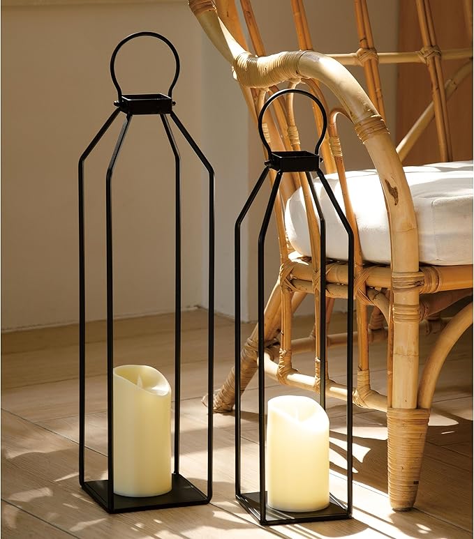 Perfnique Modern Farmhouse Lantern Decor, 19.7'' 22'' Set of 2 Black Metal Lanterns, 2 LED 6hr Timer Flickering Flameless Candles, Lanterns Decorative for Porch, Patio, Fireplace Mantle, Christmas
