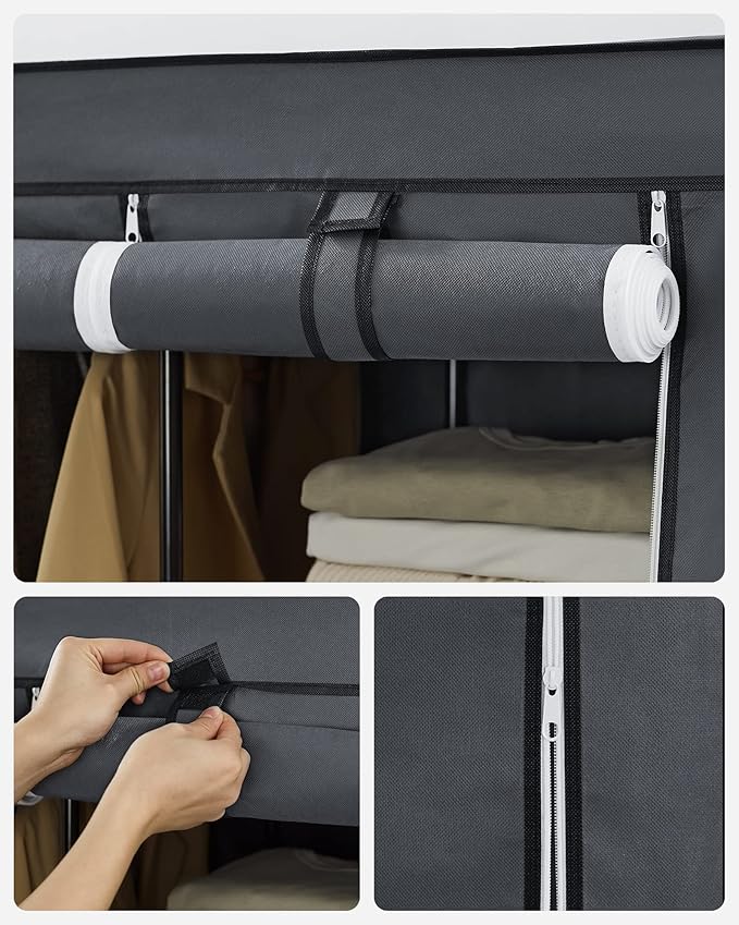 SONGMICS Portable Closet, Clothes Storage Organizer with 10 Shelves, 1 Clothes Hanging Rail, Non-Woven Fabric Closet, Metal Frame, 51 x 17.7 x 66.1 Inches, Grey URYG93G