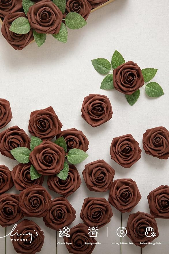 Ling's moment Artificial Flowers 25Pcs Walnut Brown Roses Decor w/Stems,3" Real Touch DIY Foam Floral for Wedding Bouquet/Centerpieces, Outdoors Party Backdrop, Room/Table, and Garden/Pot Decorations