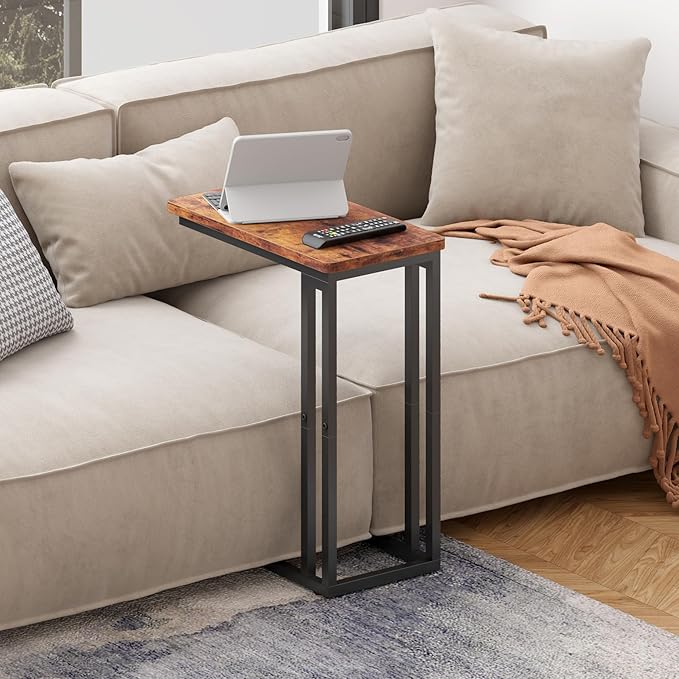 Yusong C Shaped End Table - Slide Under Sofa Couch Bed, Small Table for Small Spaces, Skinny Overbed, Coffee Drink Snack Table for Living Room, Rustic Brown