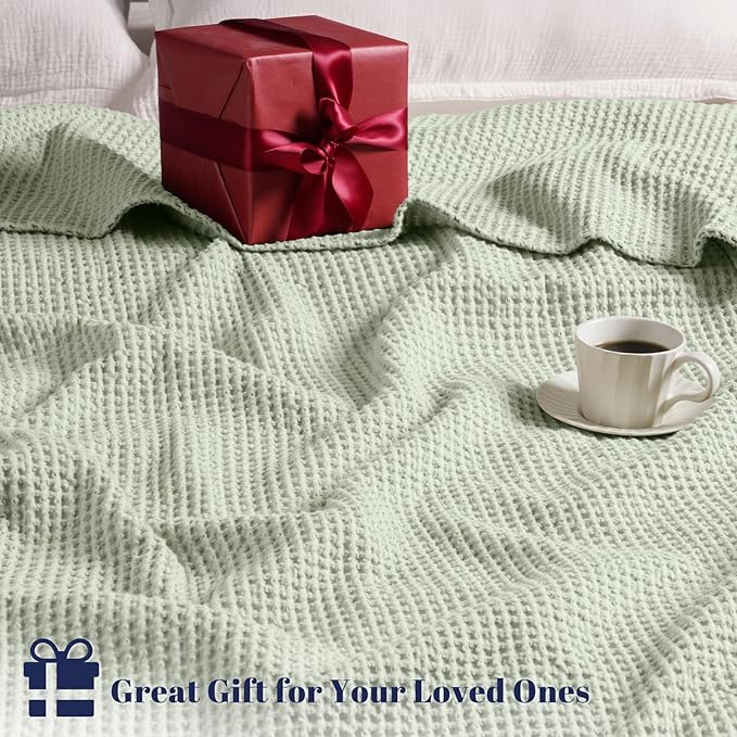 PHF 100% Cotton Waffle Weave Blanket Twin Size for Bed,Snag Proof Lightweight Breathable Moisture-Wicking Throw for Couch,Great for Layering in Cold Weather,Machine Washable,Home Decor Gift-Sage Green