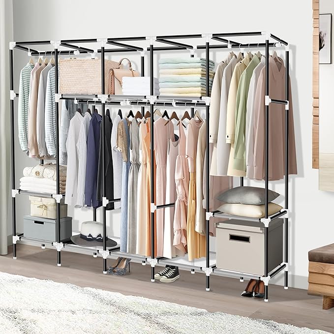LOKEME Portable Closet, Great Size 82-Inch Portable Wardrobe with 5 Hanging Areas and 10 Storage Shelves for Hanging Clothes, Extra Sturdy 25mm Steel Tube and Easy to Assemble, Grey