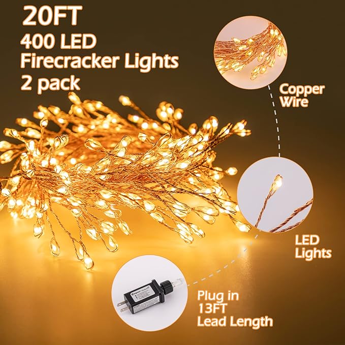 Minetom Fairy Lights Plug in, 23Ft 400LED Firecracker Firefly Lights with Remote, Waterproof Copper Wire Cluster String Lights for Ceiling Bedroom Window Christmas Tree Decoration, Warm White