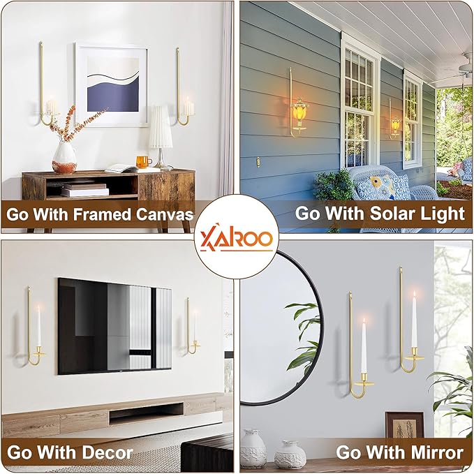 XAROO Gold Candle Sconces, Taper & Pillar Wall Candle Holder, Metal Sconces Wall Decor Set of 2, for Living Room, Entryway, Fireplace, Wedding, Gifts for Women, Men, Mom or Dad