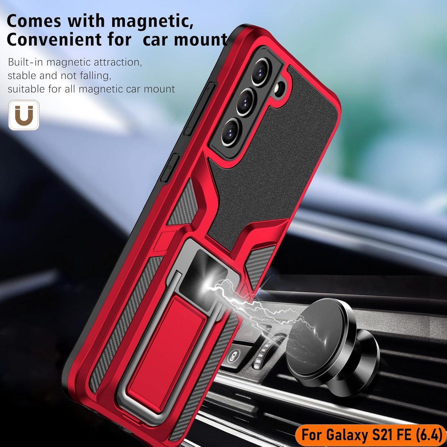 LMDAMZ Galaxy S21 FE 5G Case, Anti-fall Heavy Duty Military Grade Shockproof Kickstand, 6.4 Inch-Red