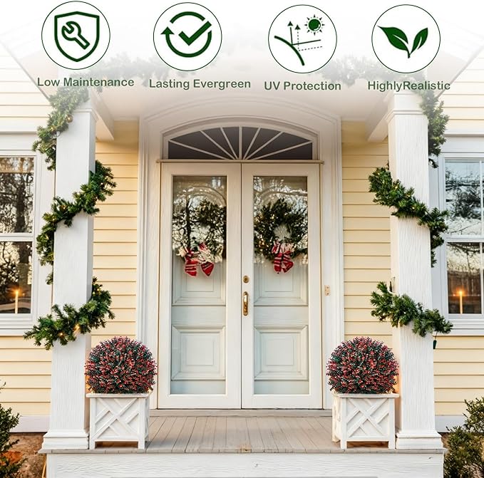 2 Pack Xmas Artificial Boxwood Topiary Ball Tree with Spike Christmas Yard Decoration, 24" Outdoor Faux Shrub Bushes Topiaries Plant, UV Resistant Fake Boxwood Plants for Porch Potted Planter Pathway