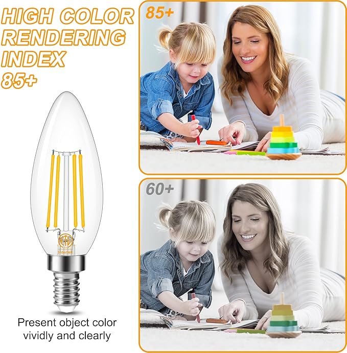 Cotanic E12 Base 3000K LED Light Bulbs Dimmable, Soft White Candelabra LED Bulbs 60W Equivalent, Candle Shape Type B Light Bulbs for Chandelier, Decorative LED Filament Clear Glass, 600LM, 6 Pack