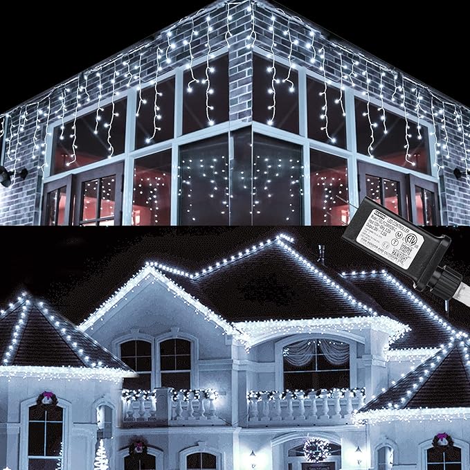 Toodour Christmas Icicle Lights Outdoor, 612 LED 50ft 8 Modes Fairy Icicle String Light with 102 Drops, Led Christmas Lights Twinkle for Holiday, Party, Wedding, Eaves, Xmas Decorations (White)