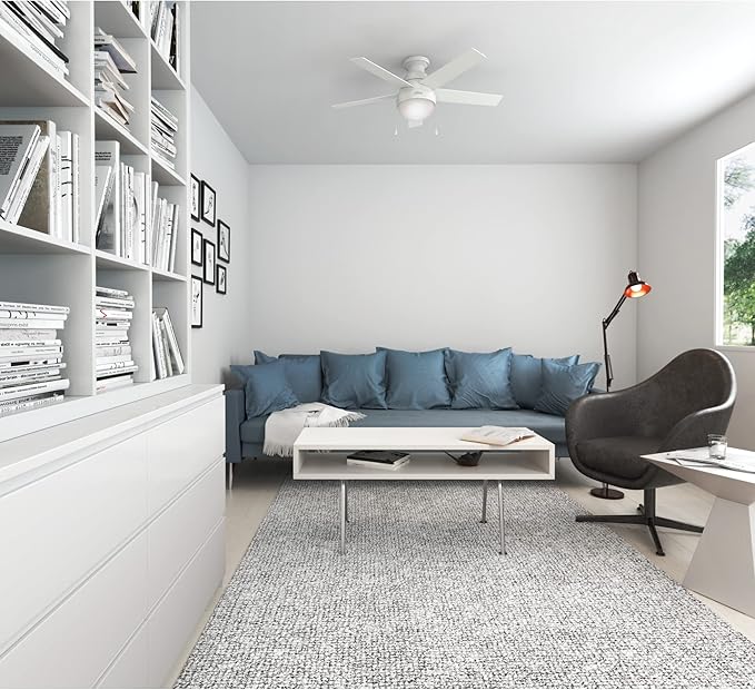 Hunter 46 inch Indoor Ceiling Fan with LED Light - White Ceiling Fan with Pull Chain, For Bedroom, Living Room, or Kitchen, Low Profile Mount, No Remote, 5 Blades - Anslee 59269, Fresh White