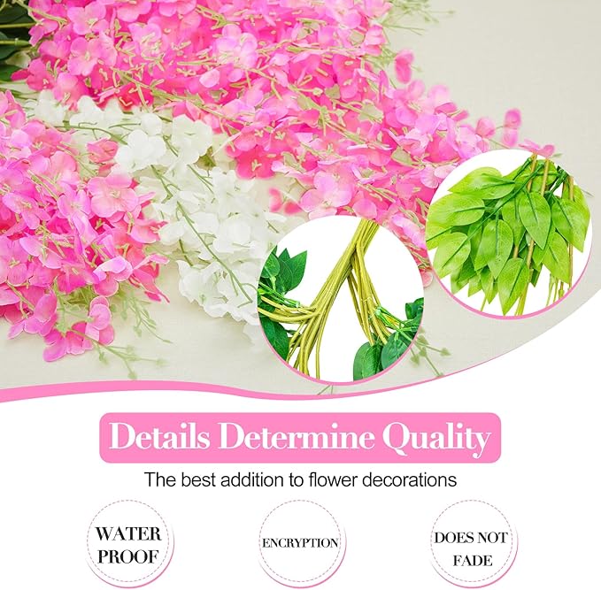Giegxin 24 Pcs Artificial Wisteria Hanging Flowers 3.6 ft Artificial Fake Wisteria Vine Rattan Hanging Garland Silk Flowers String for Wall Home Wedding Party Greenery Decorations (Dark Pink,White)