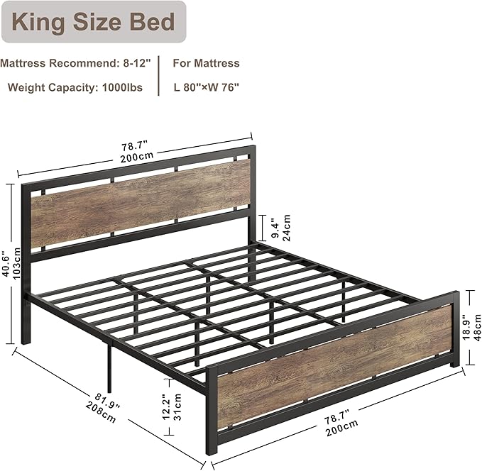 LIKIMIO King Bed Frame with Headboard and Footboard, Metal Strong Supports, Easy Assembly, Noise-Free, No Box Spring Needed, Walnut