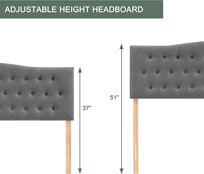 Tufted Upholstered Headboard King Size, Sturdy and Durable Solid Wood Bed headboard, Fabric Headboard Adjustable Height from 37” to 51”, Modern Button Diamond Design Head Board, Grey