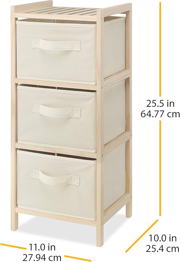 Whitmor 3 Drawer Wood Chest Organizer, Natural Pine Storage with Pull Out Fabric Bins, Easy Assembly, Compact Design for Bedroom Closet Nursery, 11.0"L x 10.0"W x 25.5"H