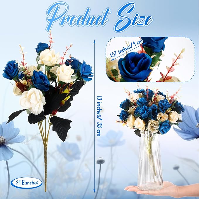 Hotop 24 Bunches of Artificial Flowers Centerpiece 13 Inches Silk Faux Roses Bouquets for Table Decoration Realistic Bouquet Arrangement Boho Faux Flowers for Wedding (Dark Blue)