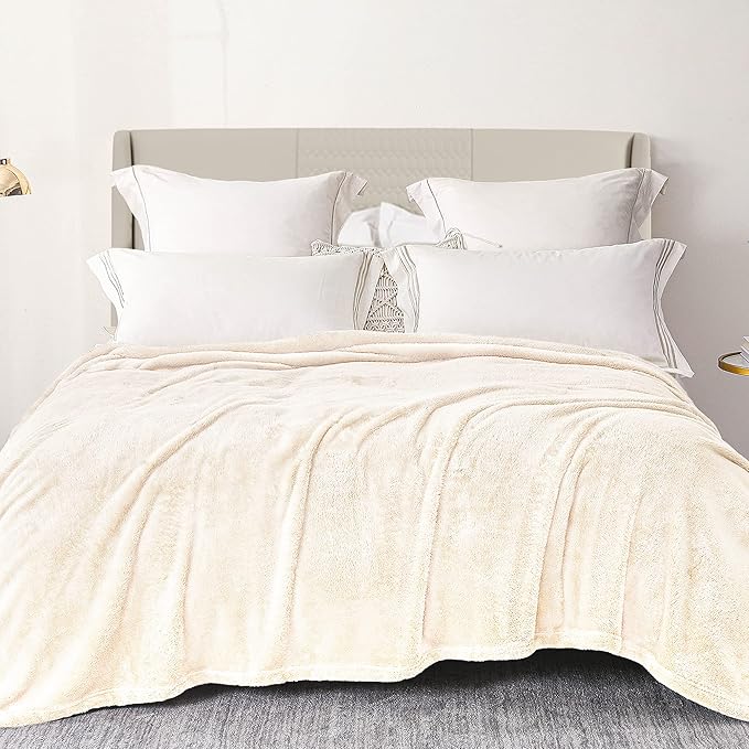 Exclusivo Mezcla Plush Fuzzy Fleece Bed Blanket Queen Size, Super Soft, Fluffy and Warm Blankets Suitable for All Seasons (Ivory, 90x90 Inches)