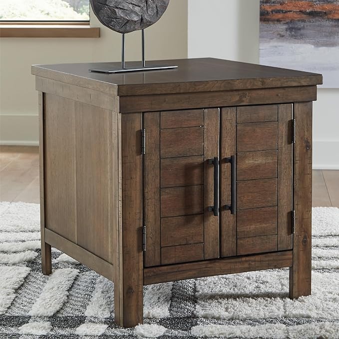 Signature Design by Ashley Moriville Rustic Farmhouse End Table with Dual Cabinet Doors, Brown