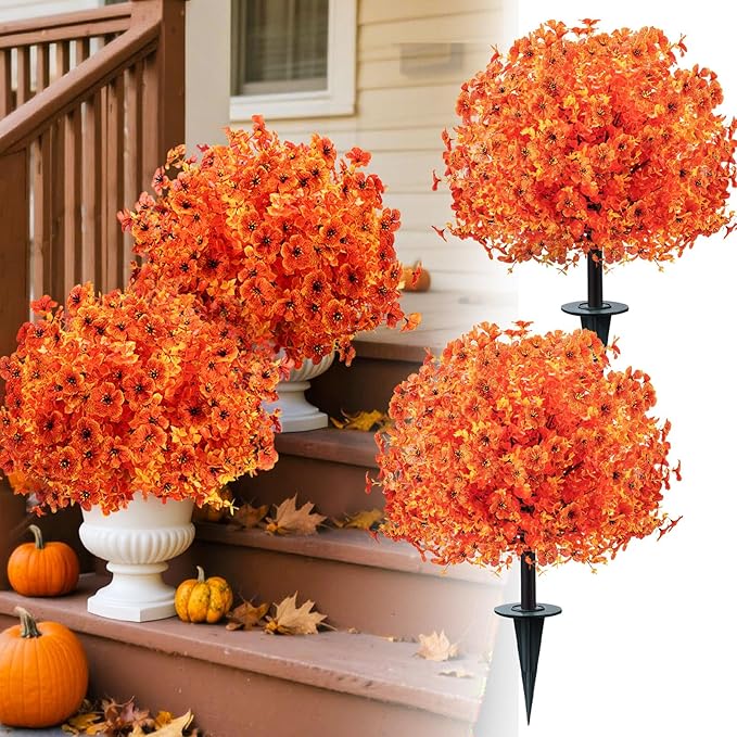 2 Pack 24" Artificial Fall Flowers Boxwood Topiary Ball Trees w/Ground Spike, UV Resistant Autumn Faux Orange Shrubs Bushes Boxwood Plant for Front Door Porch Patio Balcony Garden Yard Outdoor Decor